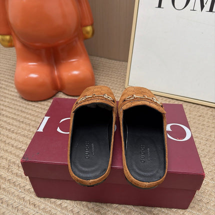 GUCCI 26S FLAT MULES IN BROWN GG EMBOSSED SUEDE