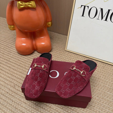 GUCCI 26S FLAT MULES IN DARK RED GG EMBOSSED SUEDE