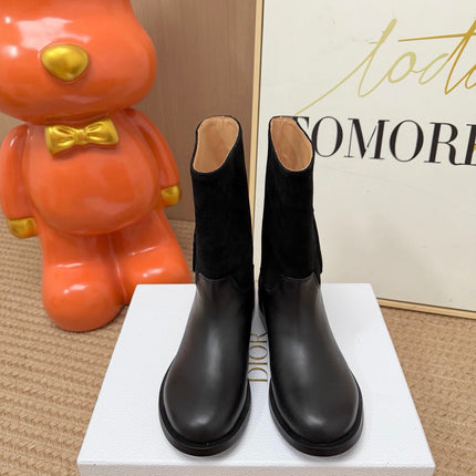 DIOR 26S MID CALF BOOTS IN BLACK CALFSKIN AND SUEDE WITH EMBROIDERED LOGO
