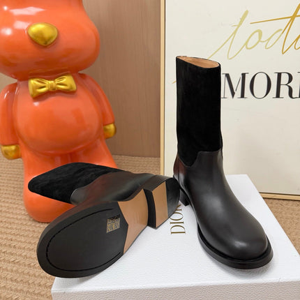 DIOR 26S MID CALF BOOTS IN BLACK CALFSKIN AND SUEDE WITH EMBROIDERED LOGO