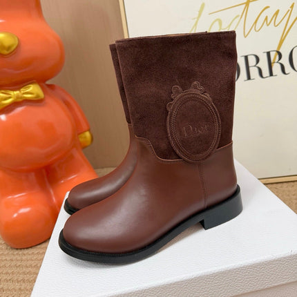 DIOR 26S MID CALF BOOTS IN BROWN CALFSKIN AND SUEDE WITH EMBROIDERED LOGO