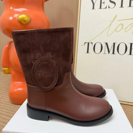 DIOR 26S MID CALF BOOTS IN BROWN CALFSKIN AND SUEDE WITH EMBROIDERED LOGO