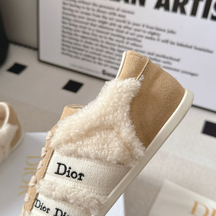 DIOR 26S LOW TOP LACE UP SNEAKERS IN LIGHT BROWN SUEDE AND WHITE TEDDY FABRIC WITH WHITE LOGO STRIPES