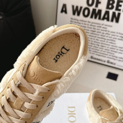 DIOR 26S LOW TOP LACE UP SNEAKERS IN LIGHT BROWN SUEDE AND WHITE TEDDY FABRIC WITH WHITE LOGO STRIPES