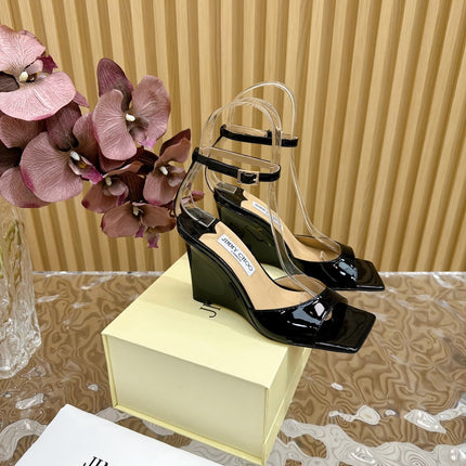 JIMMY CHOO 26S SQUARE-TOE WEDGE SANDALS 105 MM IN BLACK CALFSKIN