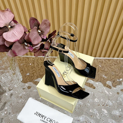 JIMMY CHOO 26S SQUARE-TOE WEDGE SANDALS 105 MM IN BLACK CALFSKIN