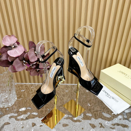 JIMMY CHOO 26S SQUARE-TOE WEDGE SANDALS 105 MM IN BLACK CALFSKIN