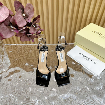 JIMMY CHOO 26S SQUARE-TOE WEDGE SANDALS 105 MM IN BLACK CALFSKIN