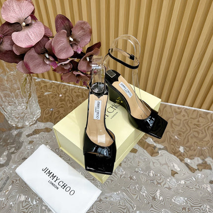 JIMMY CHOO 26S SQUARE-TOE WEDGE SANDALS 105 MM IN BLACK CALFSKIN