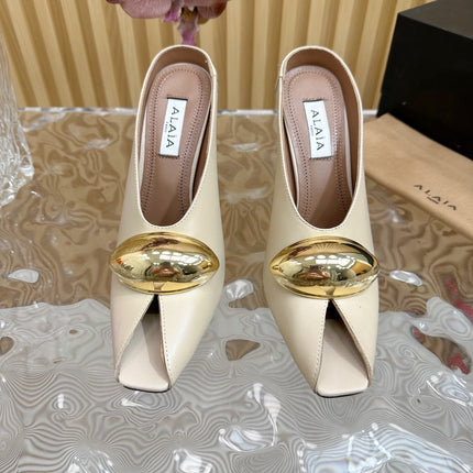 ALAIA AZZEDINE HIGH HEELS IN  BEIGE CREAM CALFSKIN WITH GOLD HARDWARE