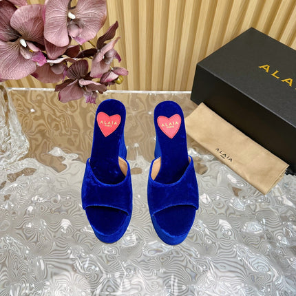ALAIA PLATFORM WEDGE IN COBALT BLUE VELVET WITH HEART EMBROIDERED