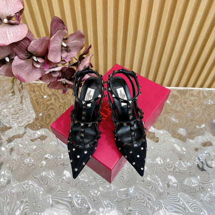 ROCKSTUD MIRROR-EFFECT PUMP WITH MATCHING STRAPS AND STUDS 95 MM BLACK CALFSKIN  AND MESH
