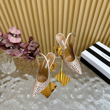 AQUAZZURA 26S SLINGBACK PUMPS 85 MM IN BEIGE CALFSKIN WITH CRYSTAL