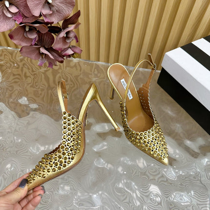 AQUAZZURA 26S SLINGBACK PUMPS 85 MM IN GOLD CALFSKIN WITH CRYSTAL