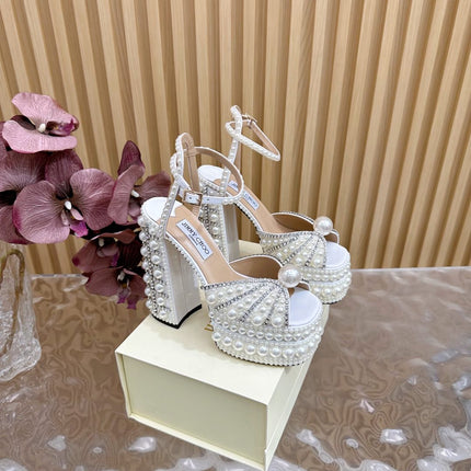 JIMMY CHOO 26S PLATFORM SANDALS 160 MM IN WHITE CRYSTAL AND PEARL