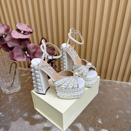 JIMMY CHOO 26S PLATFORM SANDALS 160 MM IN WHITE CRYSTAL AND PEARL