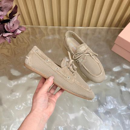 MIU MIU 26S MESH LOAFERS IN CAMEL KNIT FABRIC