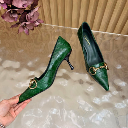 GUCCI 26S HIGH HEELS 65 MM IN DARK GREEN CROC EMBOSSED LEATHER