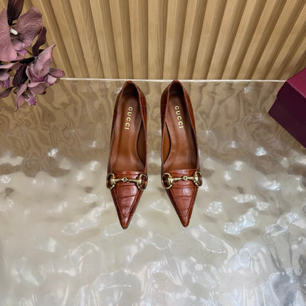 GUCCI 26S HIGH HEELS 65 MM IN COGNAC BROWN CROC EMBOSSED LEATHER