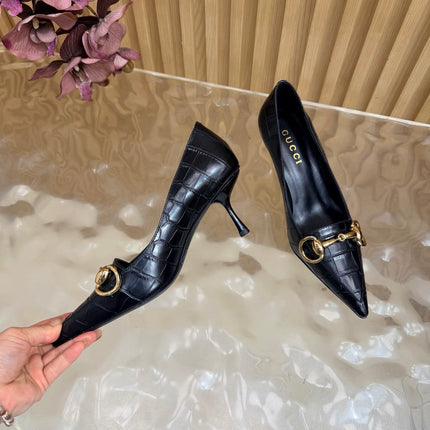 GUCCI 26S HIGH HEELS 65 MM IN BLACK CROC EMBOSSED LEATHER