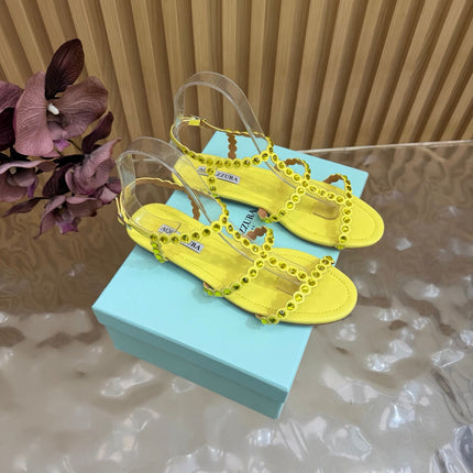 AQUAZZURA 26S FLAT SANDALS IN YELLOW CALFKSIN CRYSTAL EMBELLISHED