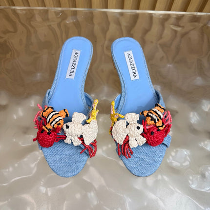 AQUAZZURA 26S SANDALS IN SKY BLUE CANVAS WITH CROCHET APPLIQUES