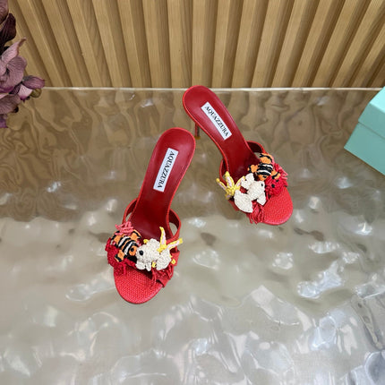 AQUAZZURA 26S SANDALS 80 MM IN RED CANVAS WITH CROCHET APPLIQUES