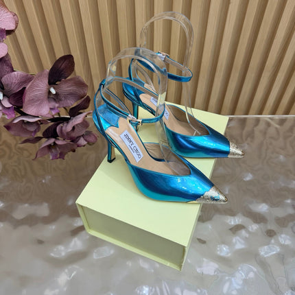 JIMMY CHOO 26S SLINGBACK HEELS 85 MM IN METALLIC BLUE CALFSKIN WITH METAL TOE CAP