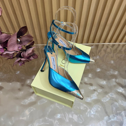 JIMMY CHOO 26S SLINGBACK HEELS 85 MM IN METALLIC BLUE CALFSKIN WITH METAL TOE CAP