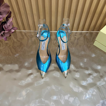 JIMMY CHOO 26S SLINGBACK HEELS 85 MM IN METALLIC BLUE CALFSKIN WITH METAL TOE CAP