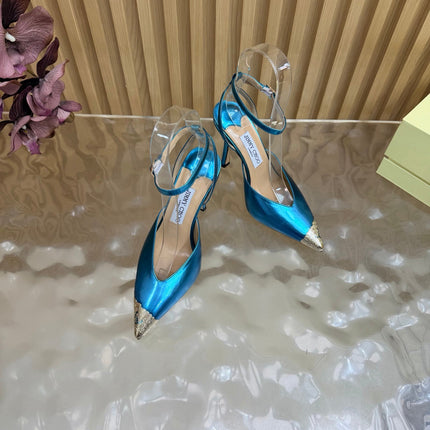 JIMMY CHOO 26S SLINGBACK HEELS 85 MM IN METALLIC BLUE CALFSKIN WITH METAL TOE CAP
