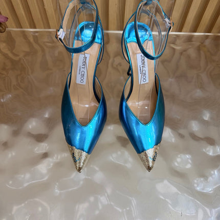 JIMMY CHOO 26S SLINGBACK HEELS 85 MM IN METALLIC BLUE CALFSKIN WITH METAL TOE CAP