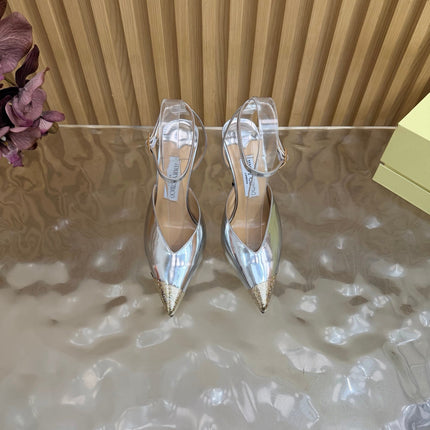 JIMMY CHOO 26S SLINGBACK HEELS 85 MM IN SILVER CALFSKIN WITH METAL TOE CAP