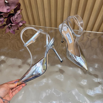 JIMMY CHOO 26S SLINGBACK HEELS 85 MM IN SILVER CALFSKIN WITH METAL TOE CAP