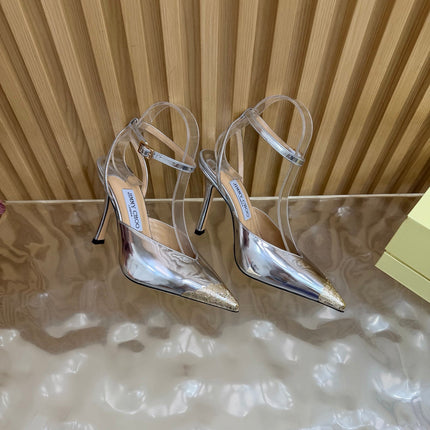 JIMMY CHOO 26S SLINGBACK HEELS 85 MM IN SILVER CALFSKIN WITH METAL TOE CAP