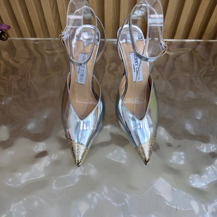 JIMMY CHOO 26S SLINGBACK HEELS 85 MM IN SILVER CALFSKIN WITH METAL TOE CAP