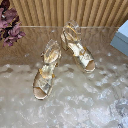 PRADA 26S BLOCK HEEL SANDALS 75 MM IN LIGHT GOLD CALFSKIN 