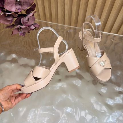 PRADA 26S BLOCK HEEL SANDALS 75 MM IN BEIGE CALFSKIN 