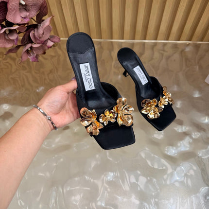 JIMMY CHOO 26S HEEL SANDALS 70 MM IN BLACK SATIN WITH GOLD HARDWARE