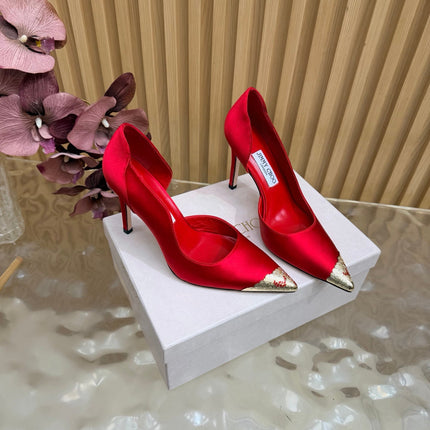 JIMMY CHOO 26S CUTOUT PUMPS 105 MM IN RED SATIN WITH METAL TOE CAP