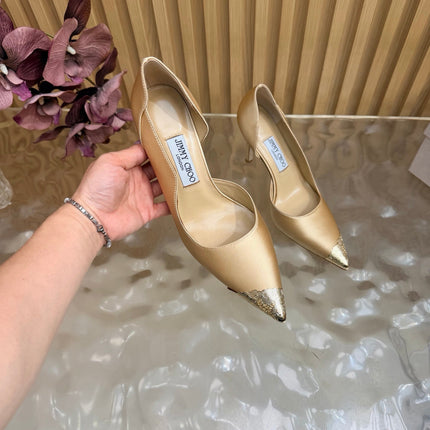 JIMMY CHOO 26S CUTOUT PUMPS 105 MM IN BEIGE SATIN WITH METAL TOE CAP