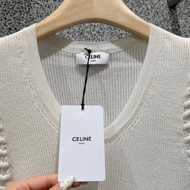 CELINE 26S V-NECK SHORT-SLEEVE KNIT TOP 547