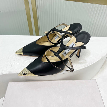 JIMMY CHOO 26S SLINGBACK HEELS 85 MM IN BLACK CALFSKIN WITH METAL TOE CAP