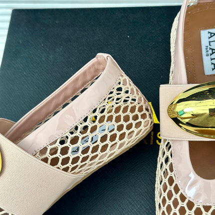 ALAIA MARY JANE SHOES IN BEIGE MESH WITH GOLD HARDWARE
