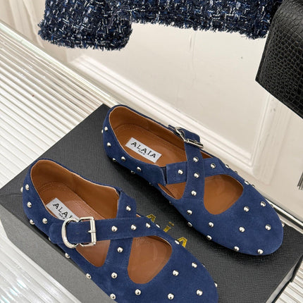 CROSSED STRAP BALLET FLATS IN NAVY BLUE SUEDE