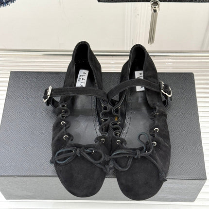 ALAIA 26S MARY JANE FLATS IN BLACK SUEDE WITH BOW