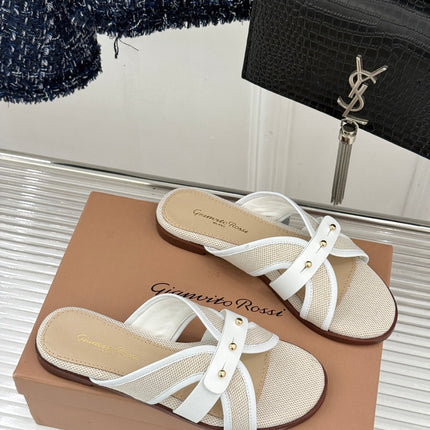 GIANVITO ROSSI 26S STUDDED FLAT SANDALS IN BEIGE CANVAS AND WHITE CALFSKIN
