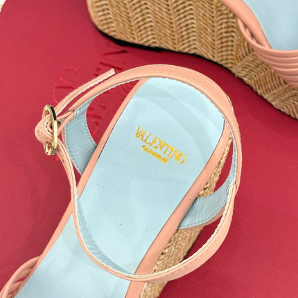 VALENTINO 26S ESPADRILLE WEDGE SANDALS 120 MM IN LIGHT PINK CALFSKIN