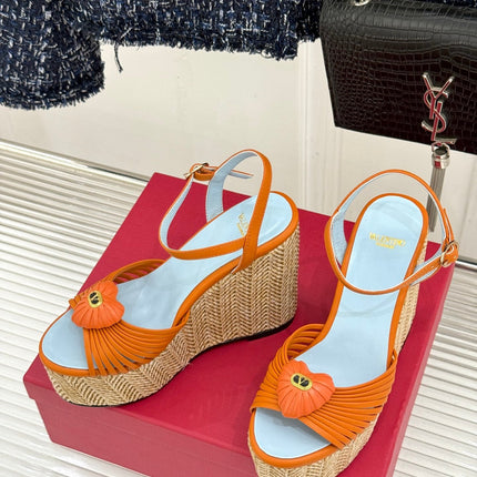VALENTINO 26S ESPADRILLE WEDGE SANDALS 120 MM IN ORANGE CALFSKIN