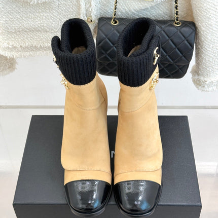 CHANEL 26S KNIT CUFF ANKLE BOOTS IN BEIGE SUEDE WITH BLACK CALFSKIN CAP TOE GOLD HARDWARE